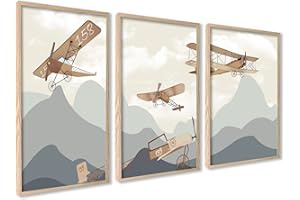 ag.art deco Decoration Chambre Bebe con Cadre A3 30x40 cm | Affiche Decoration Murale Enfant | 3 Tableaux pour Décoration Chambre Fille ou Garcon | Poster Mural (Avion & Montagnes)