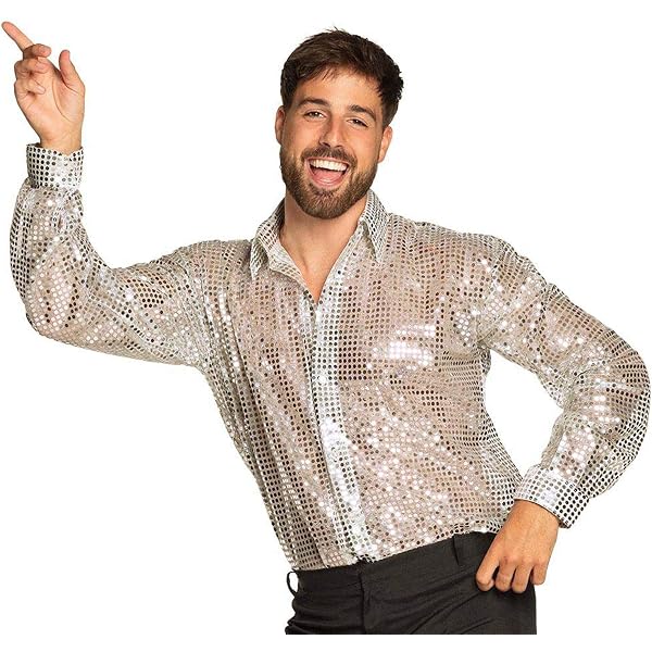 Chemise Homme à Paillettes - Col Revers, Manches Longues - Coupe Confortable - Pour Soirée, Disco, Fête