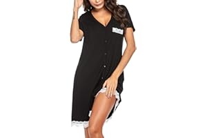 UNibelle Camicia da Notte Donna Maniche Corte Vestito da Notte Premaman Allattamento Bottoni Pizzo, S-XXL