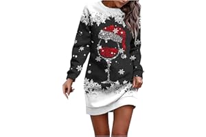 GÉNÉRIQUE Robe Pull Noël Femme Verre À Vin Imprimé Réveillon Noel Robe Sweat à Capuche Chaud Long Hiver Longue Sweatshirt Robes avec Poches Manches Longue Robes Pulls Grande Taille Hiver Pullover Dress Costume