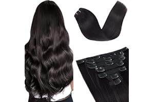 Vlasy Clip in Hair Extensions Human Hair,Seamless Hair Extensions Clip in Real Human Hair,7 Pieces Straight Black Natural Thick Weft Human Hair Clip in Extensions for Women 1B# 12 Inch(60 g)