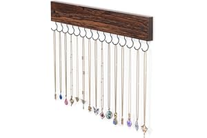 Lolalet Hanging Jewelry Organizer with 15 Hooks, Wooden Necklaces Hanger Easy Install Wall Mount Necklace Holder for Bracelets Earrings -Brown