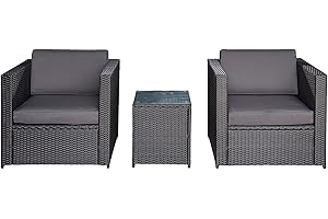 Outsunny Ensemble Salon de Jardin 2 Personnes 3 pièces 2 fauteuils avec Coussins + Table Basse Plateau Verre trempé résine tressée Gris et Noir