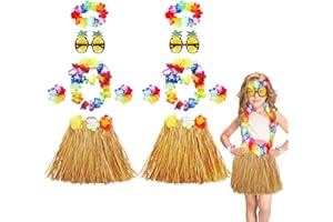 Tacobear 2 Sets Hawaii Hula Gras Rock Kinder Hawaiian Party Kostüm Set mit Ananas Brille Blume Stirnband Blumenkette Armbänder 30 cm Hawaii Kleid für Mädchen Jungen Luau Beachparty Deko