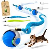 Interactive Cat Toys - USB-C Rechargeable Interactive Cat Ball with Feather Tail, Automatic Toy with 2 Speeds and Smart Mode
