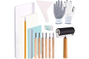 Swpeet Kit d'outils de démarrage d'impression de 24 pièces, blocs de sculpture de tampons en caoutchouc, rouleau d'encre, outils de sculpture, gants, papiers calques et plateau de mélange d'encre pour