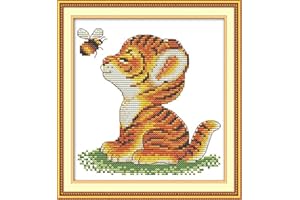 LECZANY Kit de bordado de punto de cruz estampado hágalo usted mismo, línea completa de kits de inicio preimpresos para principiantes - Tigre y abeja 23 x 24 cm