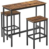 VASAGLE Bar Table and Stools Set, Breakfast Table with 2 Stools, Steel Frame, Industrial, Rustic Brown and Black Ink LBT218B0