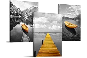 hyidecorart Quadro Moderno Soggiorno, 3 Pezzi Quadri Natura Vista Lago Di Montagna Nordico Barca Gialla Stampe Su Tela, Decorazioni Camera Da Letto Bagno Cucina Ufficio Sala Da Pranzo Bar