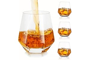 Hanobe Bicchieri Whisky Bicchieri Acqua Vetro Set di 4 Bicchieri Rum del Diamante Bicchieri di Cristallo Inclinati Geometrici Unici del Vino Rock Lowball Beve Tazze di Vetro Della Barra 10oz Chiaro