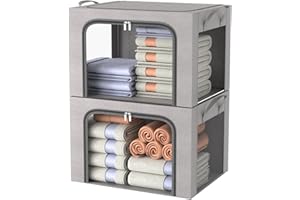 FUSACONY Clothes Storage Boxes, 2 Pcs Closet Organizers and Storage, Foldable Clothes Storage Box with Double Opening Zips and Three Clear Windows for Blankets,Bedding,Comforters, Grey (66L)