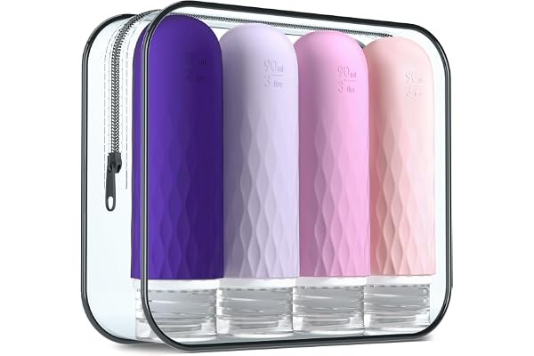 Gemice Flacons de Voyage en Silicone 90 ml, 4 Pack Flacons de Voyage à Remplir, Etanches, Flacons Cosmétiques à Remplir de Voyage, Récipient, Sans BPA, Approuvé par la FDA, Pour Remplir de Lotion