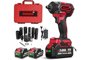 ONEVAN Atornillador de impacto con batería con 6 llaves de impacto, 500 Nm 4820, motor sin escobillas de 1/2 pulgadas, atornillador de impacto eléctrico, cambio de neumáticos (2 baterías de 3,0 Ah)