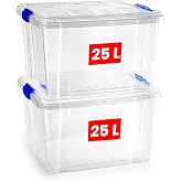 PlasticForte Pack of 25 and 16 L Storage Boxes with Lids &ndash; Sturdy Plastic, Stackable and Transparent &ndash; Organizer (Blue, Pack
