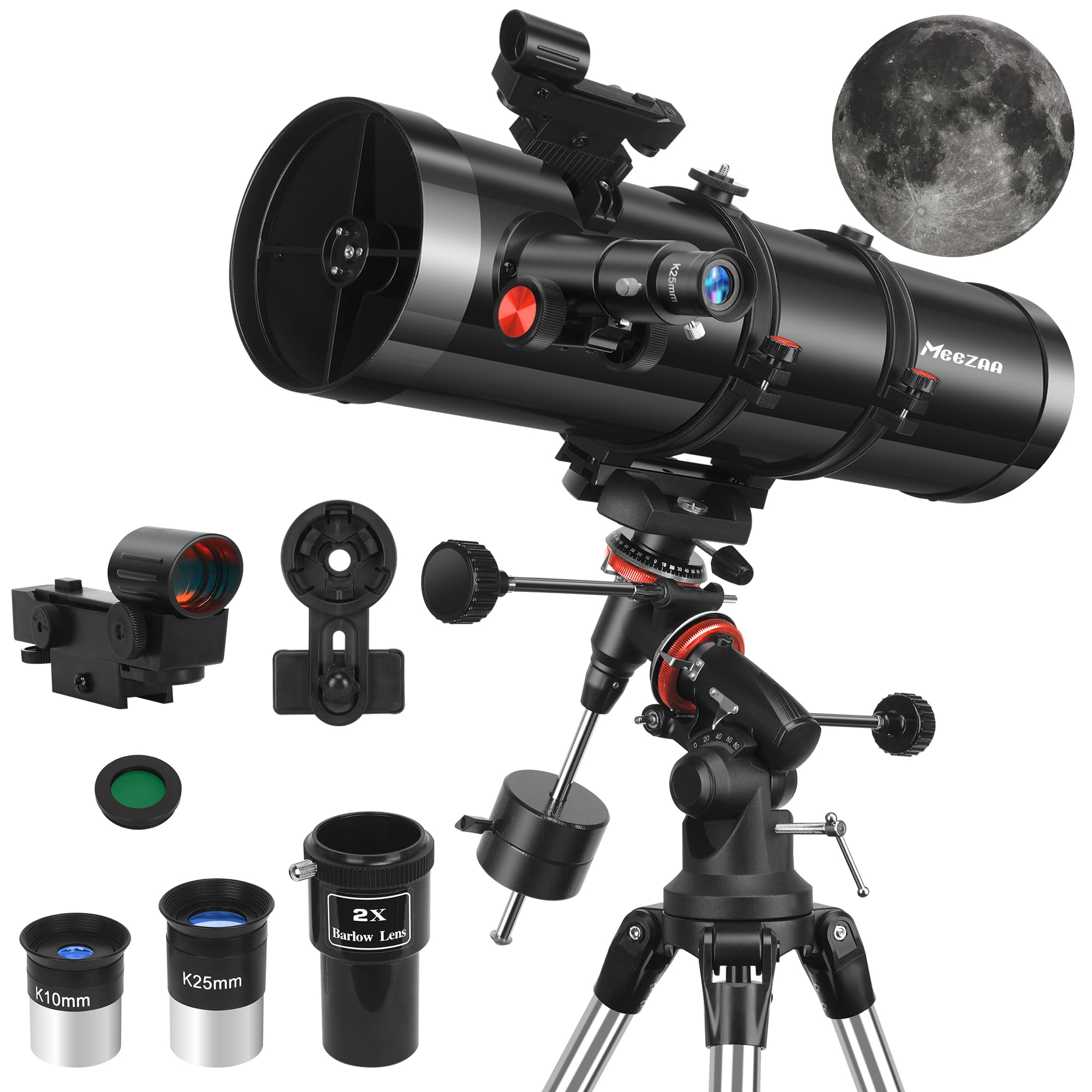 MEEZAA Telescope, 150EQ Reflector Telescope for Adults Astronomy Beginners, Manual Equatorial Professional Telescopes Astronomy with 2X Barlow Lens, Phone Adapter, Adjustable Tripod and Moon Filter