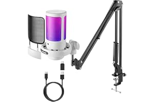 FerBuee USB PC Gaming Micrófono con luz RGB Micrófono de Condensador con Botón de Silencio, Control de Volumen, Conector para Auriculares de 3.5mm. Compatible con Windows, MacOS