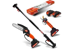 Altuna Kit de Poda a Batería de Titanio - Motosierra a Batería + Tijeras de Podar Eléctricas + Pértiga Telescópica - Incluye 2 Baterías - Pértiga de 1,63m para Poda en Altura - Con Cargador y Gafas