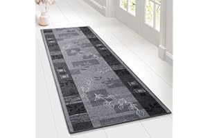 Floordirekt Carpet Runner with Pattern - Custom-Made Fine Loop Rug Runner for Kitchen, Hallway & Living Room - Ornament Vintage Orient Grid (80 x 250 cm, Accent Grey)