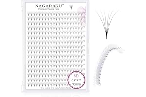 NAGARAKU 6D Volumen Pestañas Racimo 320 Fans Tallo Largo Abanicos Prefabricados Base Fina Y Puntiaguda Ruso Pelo a Pelo Esponjosas Natural Negro Premade Fans Eyelash 16 Filas Caja XL (0.07 C 10mm)
