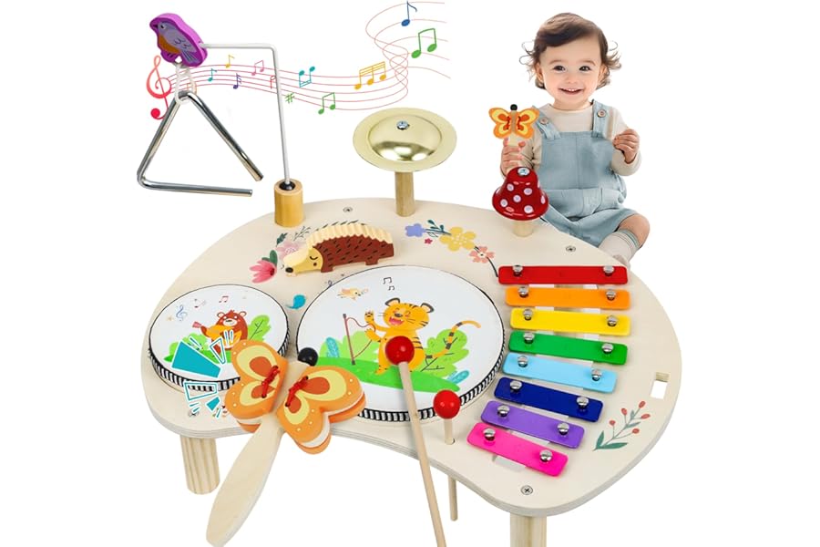 XIAPIA Kids Drum Kit, Baby Drum Musical Instruments Toys for 1 Year Old, Toddler Drum Set with Triangle Bell, Hand Castanets, Xylophone for Kids, Musical Instruments Toys Gifts for Boys and Girls