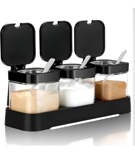 Lot De 3 Pots à épices En Verre Avec Couvercles Bambou, Cuillères Et Plateau - 250 Ml Chacun, Pour Cuisine Et Décoration