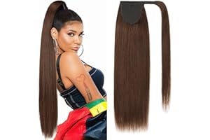 Benehair Extension Queue de Cheval Natural, 80g Cheveux Humain, 100% Vrais Wrap Around, Marron Foncé pour Femmes, 35CM #2