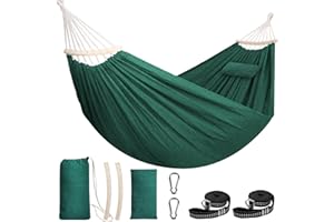 Chihee Hamaca de Algodón 300x150cm Suave Transpirable Hamaca de Camping Soporta hasta 300kg Portátil Hamacas para árboles con Barra Separadora Desmontable Almohada 2 Correas Resistentes 2 Ganchos