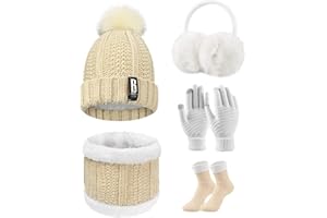 UMIPUBO Donna Cappello Sciarpa e Guanti Touch Screen Set Invernali Berretto Scaldaorecchie in Peluche di Calze Cappello a Cuffia in Maglia 5 Pezzi per Donna Sport all'aperto Sci