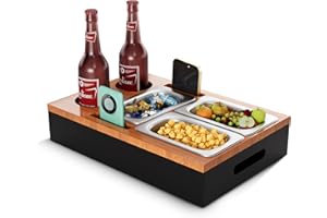 MIHOHO Couchbar, Sofa Organizer auf dem Beistelltische Couchtisch, Couchbar Holz als Bier Geschenke für Männer, Sofatablett Mit Zwei Snackschalen und Mehrere Lagerplätze (Elegante Holzfarbe)