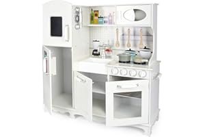 Leomark Cucina in legno per bambini Biano con tanti funzioni, Ideale giocattolo per avventure culinarie creative, Impara gioccando per futuri chef Dimensioni: 92 x 29,5 x 102 cm