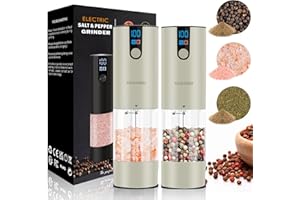 YAIAWISU Molinillos de Sal y Pimienta Eléctricos, Juego de 2 (Pantalla LED, Gran Capacidad de 120 ml), Molinillo de Especias Eléctrico para Cocinas y Restaurantes (Superficie de goma blanca arroz)