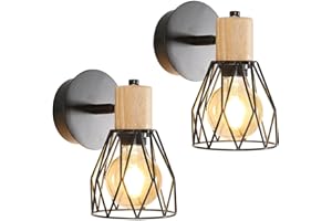Seamoon 2pcs Diseño de aplique de pared industrial Jaula de metal Aplique de pared Lámpara de pared decorativa ajustable de madera Iluminación interior vintage para dormitorio Pasillo Sala de estar