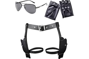 HIFOT Doppia Fondina Pistola Cintura Nera Fondina Cosciale Tattica, Occhiali Da Sole Neri Guanti Pelle Senza Dita Donna Porta Pistola Gamba Accessori Carnevale Poliziotta Donna