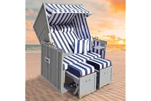 ‎BRAST BRAST® Strandkorb Norderney Deluxe für 2 Personen | 120cm breit | 4 Designs | inkl. wetterfeste Abdeckhaube | verstellbare Rückenlehne Fußkissen | Grau/Blau/Weiß - gestreift