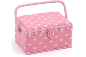 Hobby Gift Exclusive Medium Sewing Craft Hobby Storage Box, Accessories Tray Pin Cushion Pocket PVC Handle 18.5 x 25.5 x 14.5cm, Polka Dot Pink