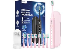 YTEATH PRO Brosse À Dent Électrique Soniques pour Adultes et Enfant - Brosse A Dent Enfant Sonique avec 8 Têtes de Brosse et Étui de Voyage, 5 Modes, Étanche IPX7, Brosse A Dent Electrique Enfant, Rose