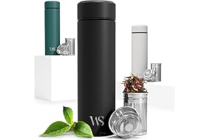 WILFORD & SONS Butelka z infuzorem owocowym - utrzymuje napoje orzeźwiająco zimne lub ciepłe| Izolowana termiczna ze stali nierdzewnej bez BPA, do picia z wkładem owocowym, 450ml | Termos biuro szkoła - Czarny