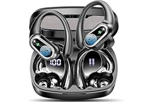 POOUNUR Auriculares Inalambricos Deportivos, Auriculares Bluetooth 5.3 con HD Mic y Reducción de Ruido ENC, 50H Cascos Inalambricos Bluetooth HiFi Estéreo, Pantalla LED, IP7 Impermeable Cascos para Deportes