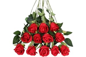 Tifuly Fiori artificiali, 12 rose finte a stelo lungo, in seta, bouquet da sposa, fiori realistici, per matrimoni, feste, casa, decorazione da tavolo, centrotavola (bocciolo, rosse)