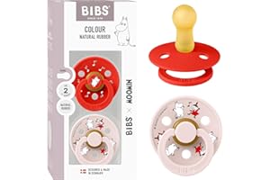 BIBS Colour Moomins Smoczek, 2 szt., Bez BPA, Okrągły kształt gumowej główki. Lateks z kauczuku naturalnego, Wyprodukowano w Danii, Rozmiar 2 (6-18 miesięcy), Candy Apple/Petal