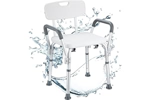 NArra Shower Stool, Height Adjustable Shower Chair with Detachable Armrests Backrest, Perching Stool Load up to 150kg with Non-Slip Foot Pads, Bath Chair for Seniors, Pregnant Women, Disabled