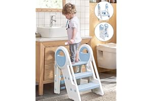 HOLDONELIGHT Kid Step Stool Plastic Toddler Step Stool for Kids Three Step Standing Tower for Kitchen/Bathroom/Toilet Potty Training, Learning Helper with Handles and Safety Non-Slip Pads (Blue)