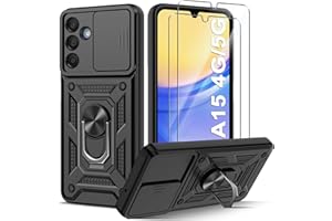 Guisessy Funda para Samsung Galaxy A15 4G/5G Armor Cubierta de cámara Deslizante Proteger con 2 Cristal Templado Protector,360 Anillo Soporte PC y Silicona TPU Case (Negro)