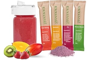 GREENORA Shaker + Smoothie Bowl Frutta Disidratata Liofilizzata Polvere 100% Naturale. Fragole Lamponi Barbabietola Rossa Mango Mele. 4x24g