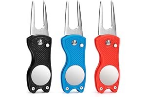 JESUSTREE Outil de Réparation de Divot de Golf, 3 Pack Golf RelEve-Pitch Outil Pliable Fourche de Golf Tool avec Marqueur De Balle MagnEtique, Mini Outil Leger Portable pour Club Golf Sports en Plein Air