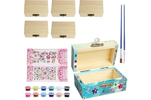 PRZRAO 10 Scrigno del Tesoro 9 x 5, 5 x 5 cm Scatolina Legno con Coperchio Scatole Legno con 4 Adesivi e 12 Colori Set da Pittura Scatola Legno per Bambini Set Artigianale Festa Pirata Compleanno
