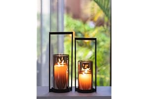 ‎SZIQIQI Sziqiqi Windlicht Kerzenständer Schwarz mit Rauchglas: Kerzenhalter Metall mit Windlicht Grau Glas fur Outdoor Deko - Modern Kerzenständer Stumpenkerzen für Wohnzimmer Draußen Fensterbank