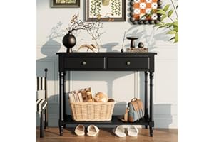 PADMA HOUSE Konsola z litego drewna z 2 szufladami, stolik z wąskim wejściem, półką na konsolę wejściową, na 2 poziomy, stolik do salonu (czarny)