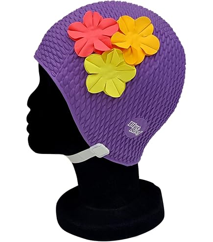 Oslo Bubble Damen Badekappe Retro Mit 3D-Blüten – Vintage-Look, Einheitsgröße, Mit Kinnriemen