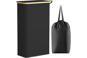 ‎LIFEWIT Lifewit 75 L slim kosz na pranie z pokrywką, wąski kosz na pranie z wyjmowaną torbą i bambusowymi uchwytami, składany kosz na brudne ubrania do sypialni, łazienki, akademika, pralni, Czarny